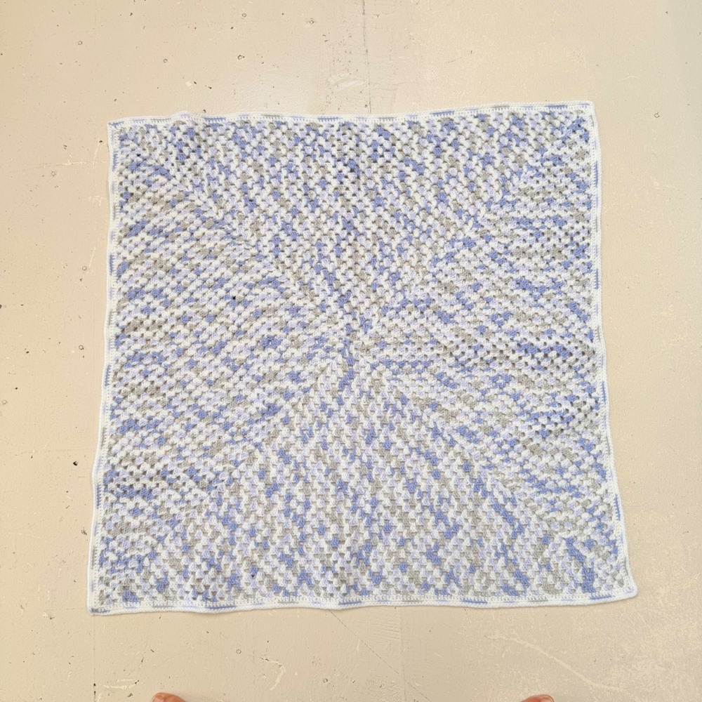 Handmade Crochet Baby Blanket Unisex OS Blue White Grey Granny Square Boho
